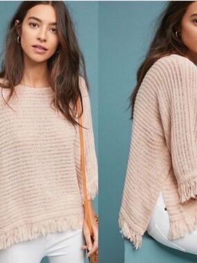 Relaxed Blush Off-the-Shoulder Fringe Knit Sweater